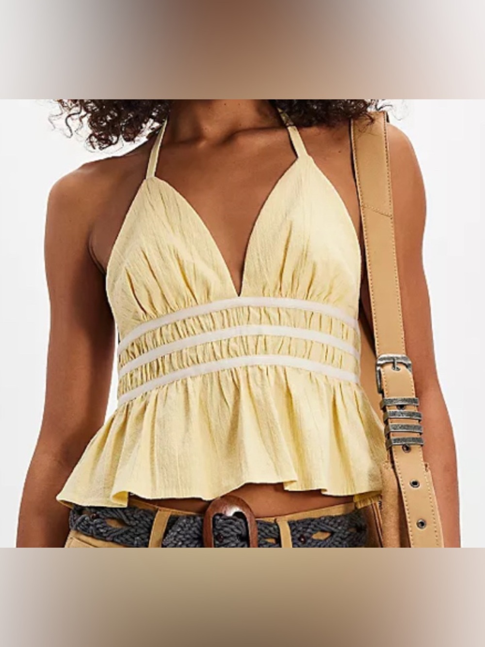 Free People Light Yellow Nara Halter Halter Peplum Crop Top: Large